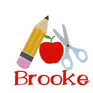 May include: A red apple, a yellow pencil, and silver scissors with the name Brooke in red letters.