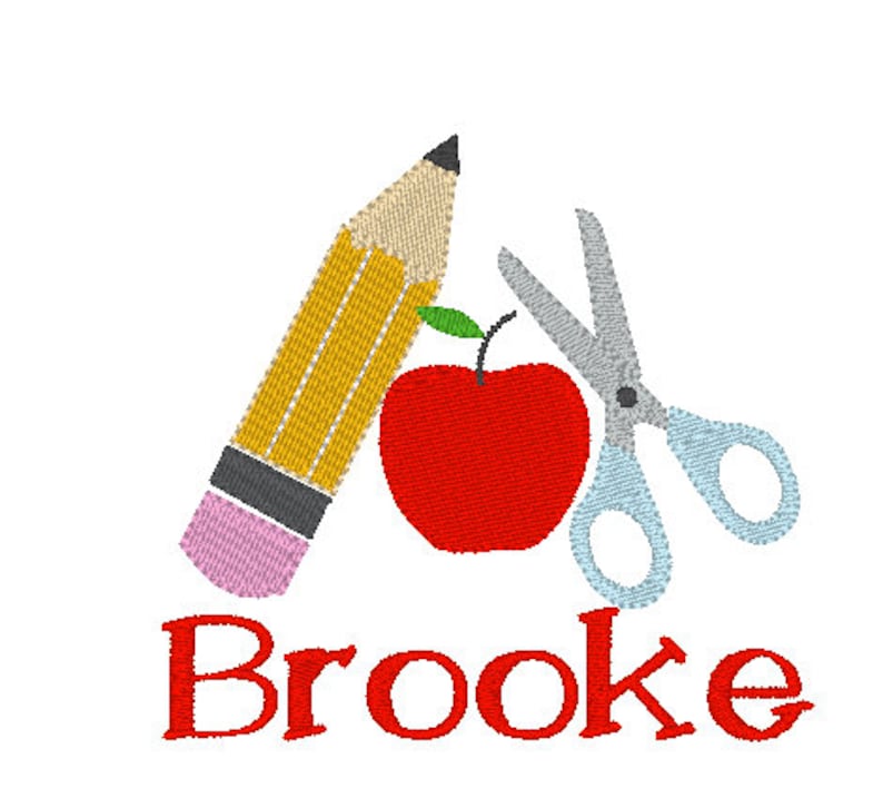 May include: A red apple, a yellow pencil, and silver scissors with the name Brooke in red letters.