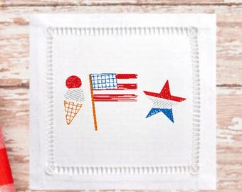 Fourth of July Vintage Stitch Trio borduurwerk ontwerp machineborduurbestand voor Independence Day patriottische borduurwerk 4 juli