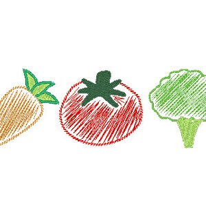 以下が含まれることがあります： ニンジン、トマト、ブロッコリーの手描きイラスト。野菜は、緑の葉と茎で、シンプルで漫画のようなスタイルで描かれています。
