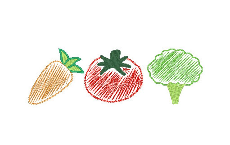 以下が含まれることがあります： ニンジン、トマト、ブロッコリーの手描きイラスト。野菜は、緑の葉と茎で、シンプルで漫画のようなスタイルで描かれています。