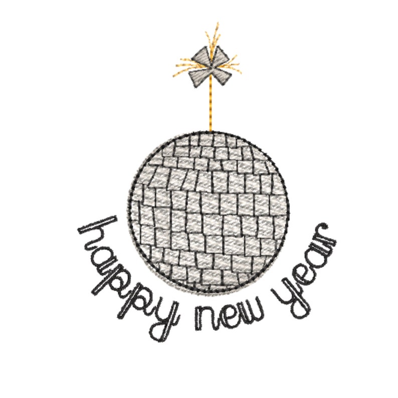 May include: A black and white illustration of a disco ball with a firework on top. The text "happy new year" is written around the disco ball.