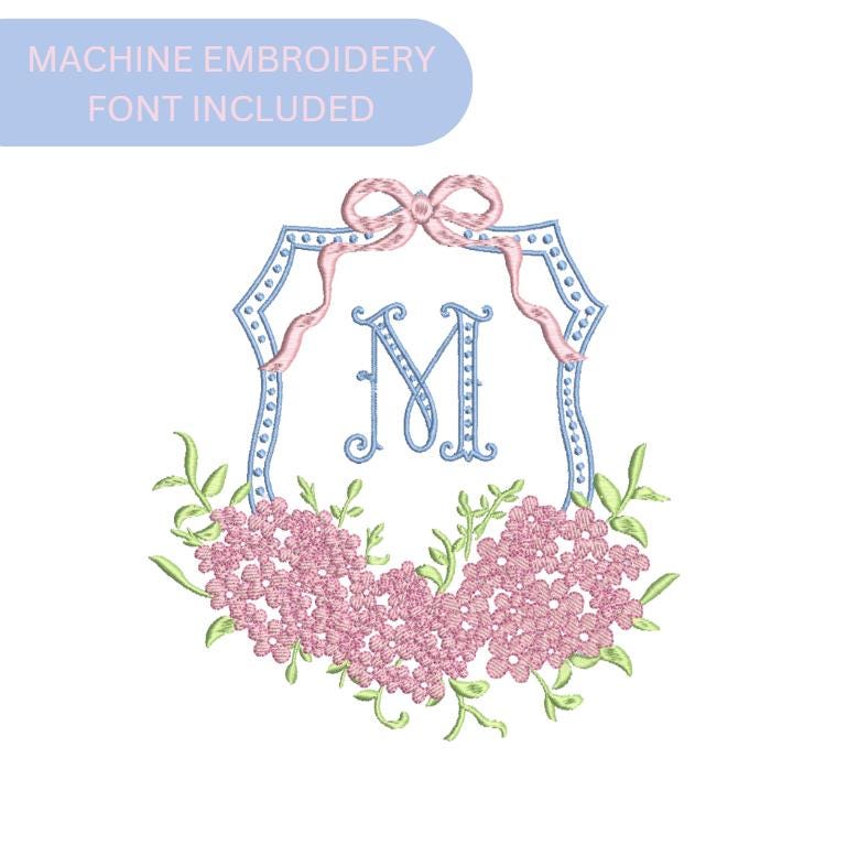 Hydrangea Crest Embroidery Frame with FONT Crest Machine Embroidery Font Monogram Decoration  Monogram Frame Embroidery Design Preppy