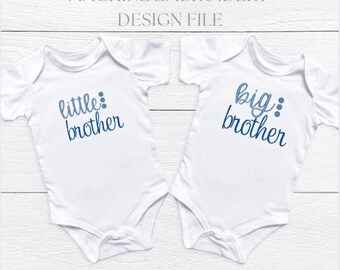 May include: Two white baby onesies with blue embroidery. One onesie says "little brother" and the other says "big brother".