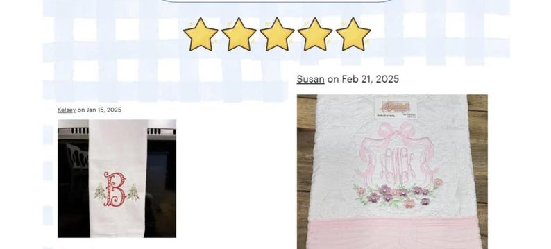 May include: Two embroidered towels, one with a pink embroidered letter "B" and the other with a pink embroidered monogram "EVER" with flowers. Both towels have a white background and a pink border.