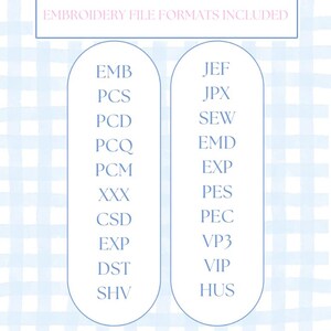 May include: A graphic listing embroidery file formats, including EMB, PCS, PCD, PCQ, PCM, XXX, CSD, EXP, DST, and SHV on the left, and JEF, JPX, SEW, EMD, EXP, PES, PEC, VP3, VIP, and HUS on the right. The text "EMBROIDERY FILE FORMATS INCLUDED" is at the top.
