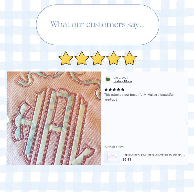 May include: Five star review for a pink fabric applique with the letters "HL" stitched in white thread. The review reads "This stitched out beautifully. Makes a beautiful applique." The reviewer purchased the "Applique Bow, Bow Applique Embroidery Design... $3.99"