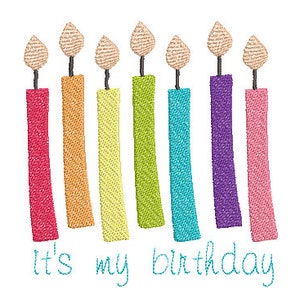 May include: Seven colorful candles with flames, arranged in a row, with the text "It's my birthday" below.