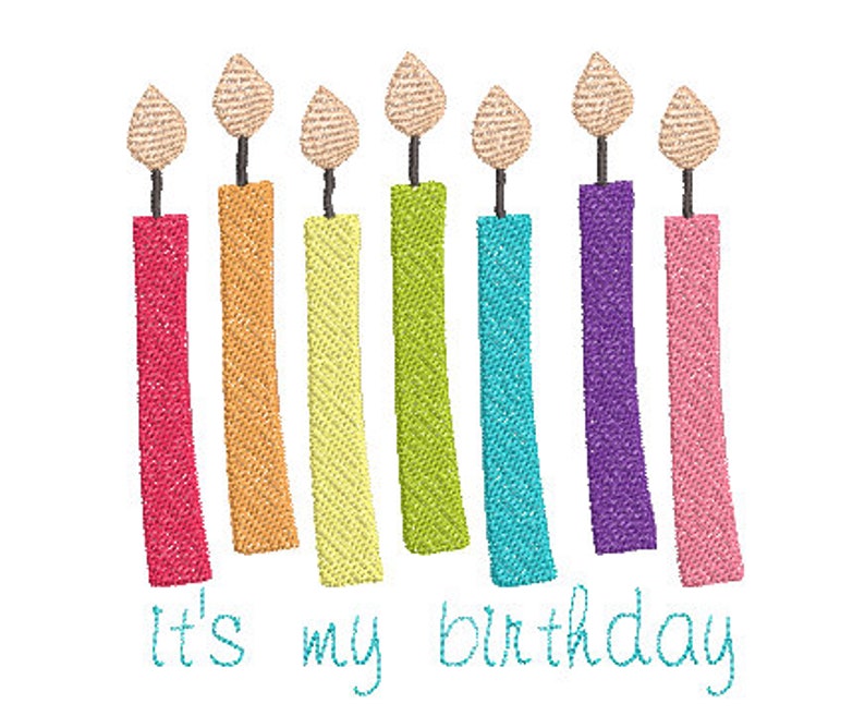 May include: Seven colorful candles with flames, arranged in a row, with the text "It's my birthday" below.