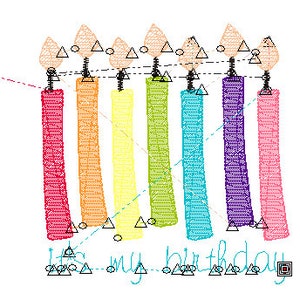 May include: A colorful birthday card with seven candles, each a different color, and the text "It's my birthday" written in blue.