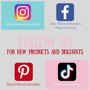 May include: Graphic with social media icons for Instagram, Facebook, Pinterest, and TikTok. The text reads "FOLLOW US FOR NEW PRODUCTS AND DISCOUNTS".