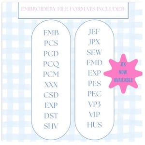 Peut inclure: Image listant les formats de fichiers de broderie, notamment EMB, JEF et PES. Un graphique en forme d'&eacute;toile rose indique que le format .BX est d&eacute;sormais disponible. Le fond est un motif vichy bleu clair.