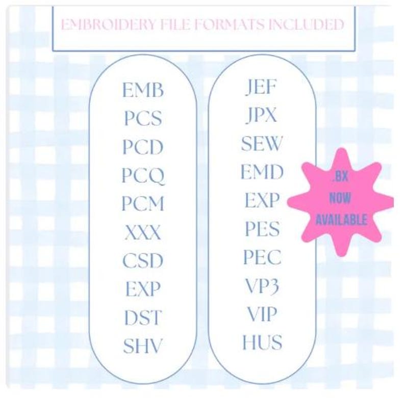 Peut inclure: Image listant les formats de fichiers de broderie, notamment EMB, JEF et PES. Un graphique en forme d'&eacute;toile rose indique que le format .BX est d&eacute;sormais disponible. Le fond est un motif vichy bleu clair.