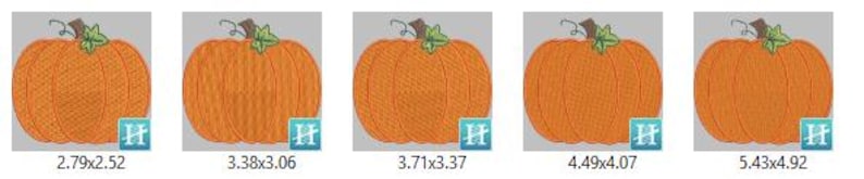 Peut inclure: Plusieurs broderies de citrouilles orange, chacune avec une tige et des feuilles vertes. Les citrouilles varient en taille, la plus petite mesurant 7,09 x 6,40 cm et la plus grande 13,79 x 12,50 cm. Chaque motif comporte une petite ic&ocirc;ne bleue et blanche.