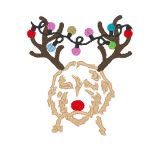 May include: A beige dog with antlers and a red nose, decorated with a string of colorful Christmas lights.