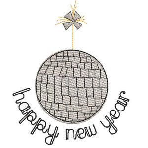 May include: A silver disco ball with a gold sparkler on top. The text "happy new year" is written around the ball.
