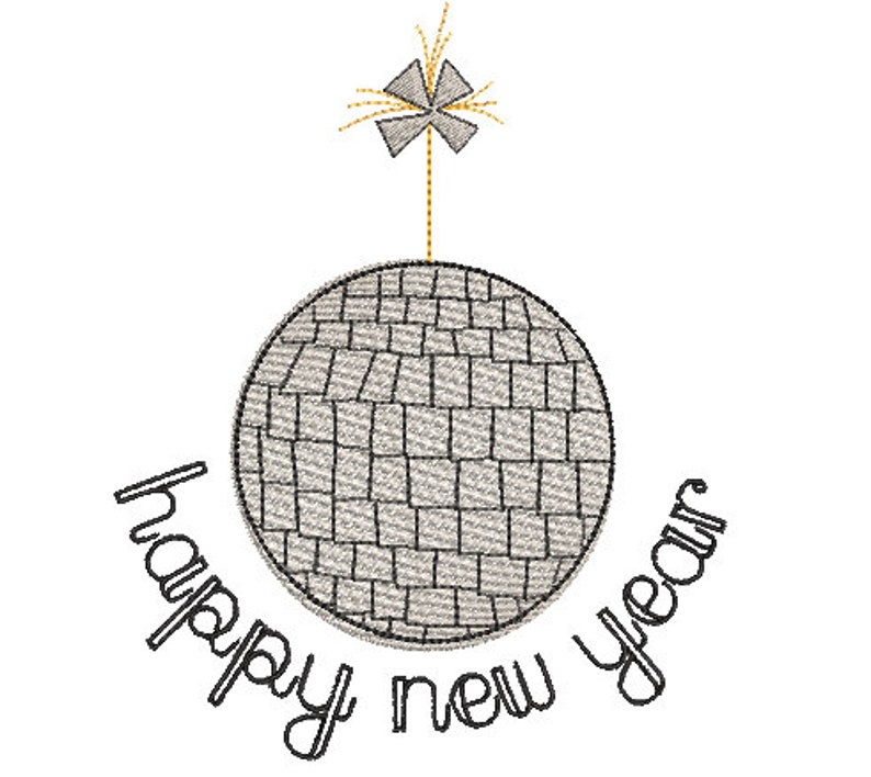 May include: A silver disco ball with a gold sparkler on top. The text "happy new year" is written around the ball.