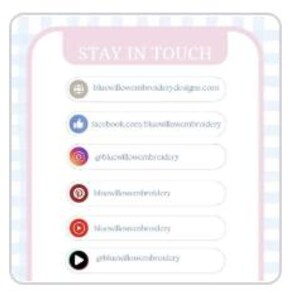 May include: A graphic with the text "Stay in Touch" and icons for various social media platforms, including a website, Facebook, Instagram, Pinterest, YouTube, and TikTok.