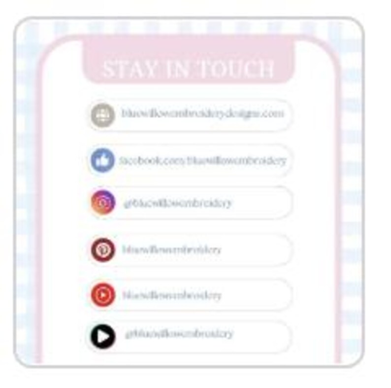 May include: A graphic with the text "Stay in Touch" and icons for various social media platforms, including a website, Facebook, Instagram, Pinterest, YouTube, and TikTok.