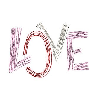 May include: The word "LOVE" is spelled out in a stylized font. The letters "L", "V", and "E" are made of pink lines, while the letter "O" is made of red lines.