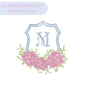 Hydrangea Crest Embroidery Frame with FONT Crest Machine Embroidery Font Monogram Decoration  Monogram Frame Embroidery Design Preppy