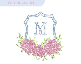 Hydrangea Crest Embroidery Frame with FONT Crest Machine Embroidery Font Monogram Decoration  Monogram Frame Embroidery Design Preppy