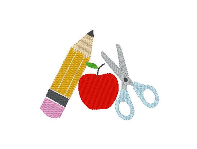 May include: A red apple, a yellow pencil with a pink eraser, and silver scissors. The items are arranged in a cluster.