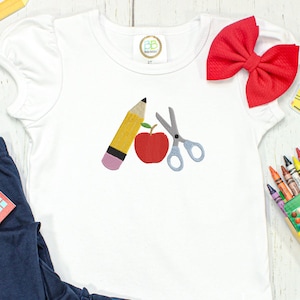 Schulanfang Stickmuster – Bleistift, Schere & Apfel – Maschinenstickdatei für Kinder, Geschenk für Lehrer, Schule Stickmuster
