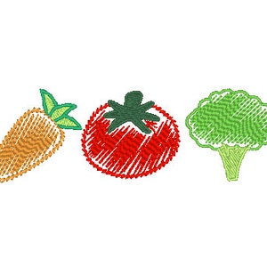 以下が含まれることがあります： ニンジン、トマト、ブロッコリーの漫画イラスト。野菜は、手描き風のシンプルなスタイリッシュな方法で描かれています。