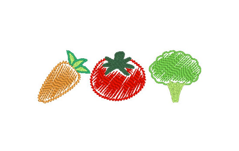 以下が含まれることがあります： ニンジン、トマト、ブロッコリーの漫画イラスト。野菜は、手描き風のシンプルなスタイリッシュな方法で描かれています。