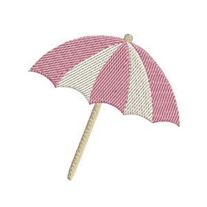 May include: A pink and white striped beach umbrella with a light brown wooden handle. The umbrella is open, with a rounded top and a textured fabric appearance. The design is reminiscent of a sunny day at the beach.
