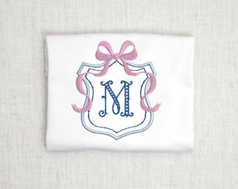 Preppy Monogram Crest Design, Font Frame Monogram Crest Embroidery Design, Monogram Outline Design with Bow Font  Included