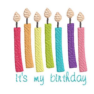 May include: It's my birthday! A colorful set of eight candles with flames, perfect for a birthday cake.