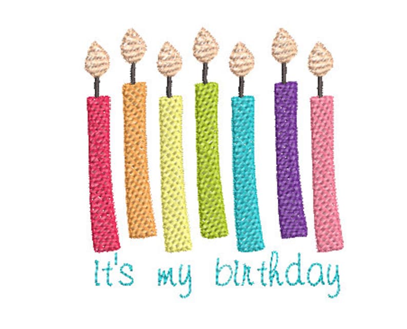 May include: It's my birthday! A colorful set of eight candles with flames, perfect for a birthday cake.