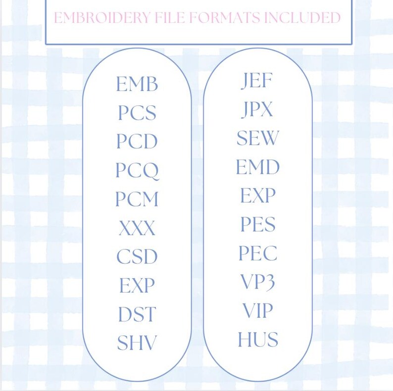 May include: A list of embroidery file formats, including EMB, PCS, PCD, PCQ, PCM, XXX, CSD, EXP, DST, SHV, JEF, JPX, SEW, EMD, EXP, PES, PEC, VP3, VIP, and HUS.