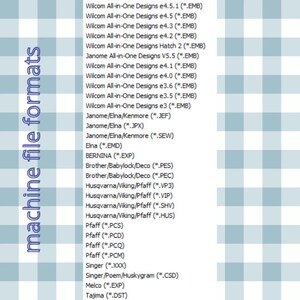 May include: A list of machine file formats for embroidery designs, including Wilcom, Janome, Elna, Kenmore, Bernina, Brother, Babylock, Deco, Husqvarna, Viking, Pfaff, Singer, Melco, and Tajima.