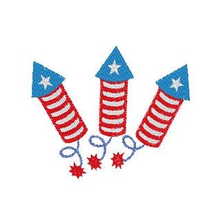 May include: Embroidered design of three stylized fireworks. Each firework features a blue triangular top with a white star, a red and white striped body, and a blue curlicue with a red starburst at the end. The design is on a white background.