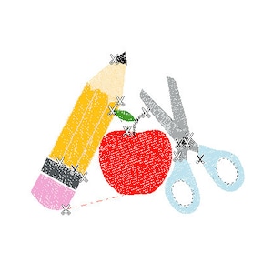 May include: A red apple with a green leaf, a yellow pencil with a pink eraser, and a pair of blue scissors.