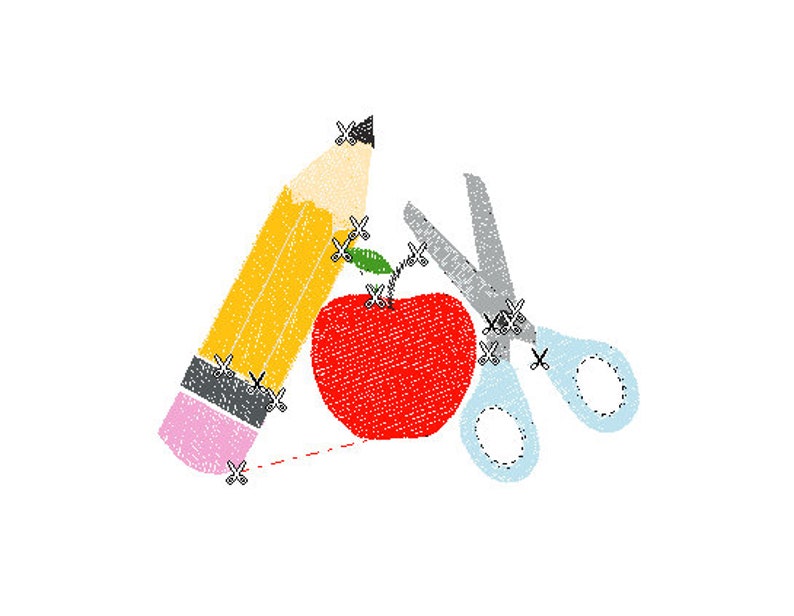 May include: A red apple with a green leaf, a yellow pencil with a pink eraser, and a pair of blue scissors.
