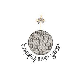 May include: A black and white illustration of a disco ball with a gold star on top. The text "happy new year" is written around the disco ball.