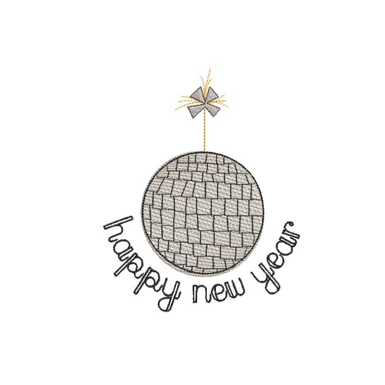 May include: A black and white illustration of a disco ball with a gold star on top. The text "happy new year" is written around the disco ball.