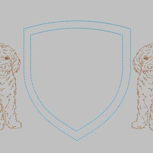 May include: Illustration of two dogs flanking a shield shape. The dogs are drawn in a detailed, textured style with a light brown color. The shield is outlined in a dotted blue line, set against a gray background. The image has a clean, minimalist aesthetic.