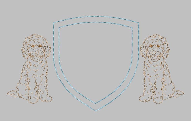 May include: Illustration of two dogs flanking a shield shape. The dogs are drawn in a detailed, textured style with a light brown color. The shield is outlined in a dotted blue line, set against a gray background. The image has a clean, minimalist aesthetic.