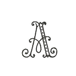 May include: A decorative initial letter A with a swirly design. The letter is black and has a white dotted line down the center.
