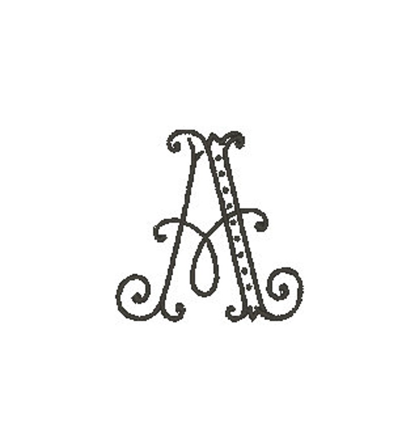 May include: A decorative initial letter A with a swirly design. The letter is black and has a white dotted line down the center.