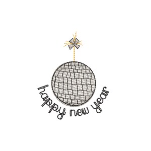 May include: A silver disco ball with a gold sparkler on top. The text "happy new year" is written around the ball.