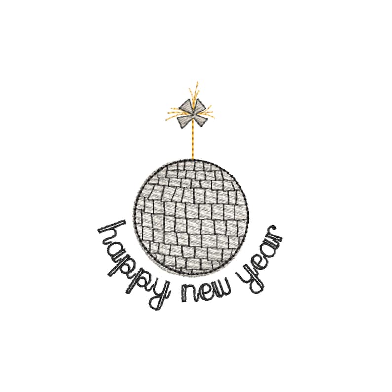 May include: A silver disco ball with a gold sparkler on top. The text "happy new year" is written around the ball.
