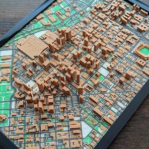 May include: A framed 3D map of a city, featuring detailed brown building models and green park areas. The map is set against a white and gray background, framed in black. The city map is a unique piece of art.