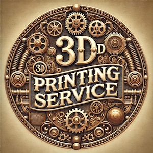 Puede incluir: Un logotipo dorado de servicio de impresión 3D con un diseño steampunk. El logotipo presenta engranajes, piñones y otros elementos mecánicos.