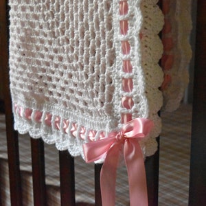 CROCHET PATTERN // Sweet Georgia Heirloom Baby Blanket, Granny Square, Scalloped Border, Ribbon and Bow for Baby Girl or Baby Boy, Baptism image 5